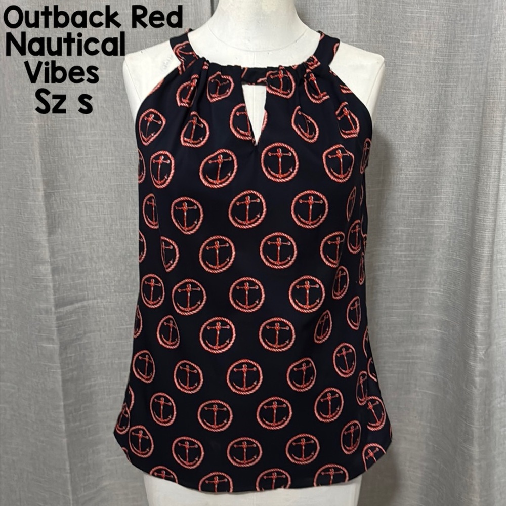Vintage Outback Red Nautical Vibes Halter Tank-Sz S-Navy with Red Anchors Detail